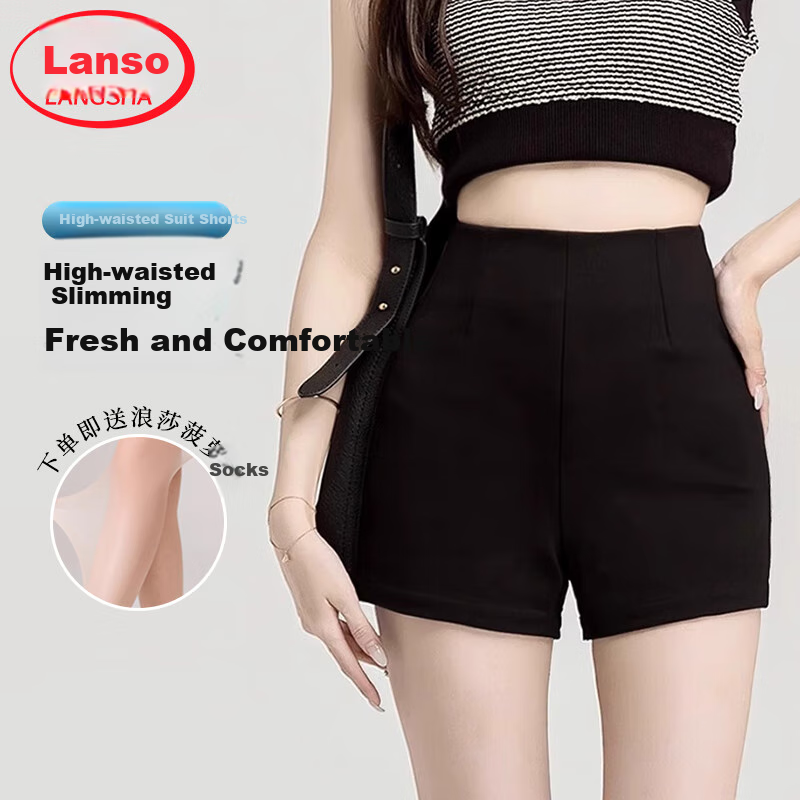LangSha Women's Suit Shorts, 2025 Autumn Thin Style, Slim Fit, Black, Korean Version, Versatile, High-Waisted, Elastic Leggings, Hot Pants