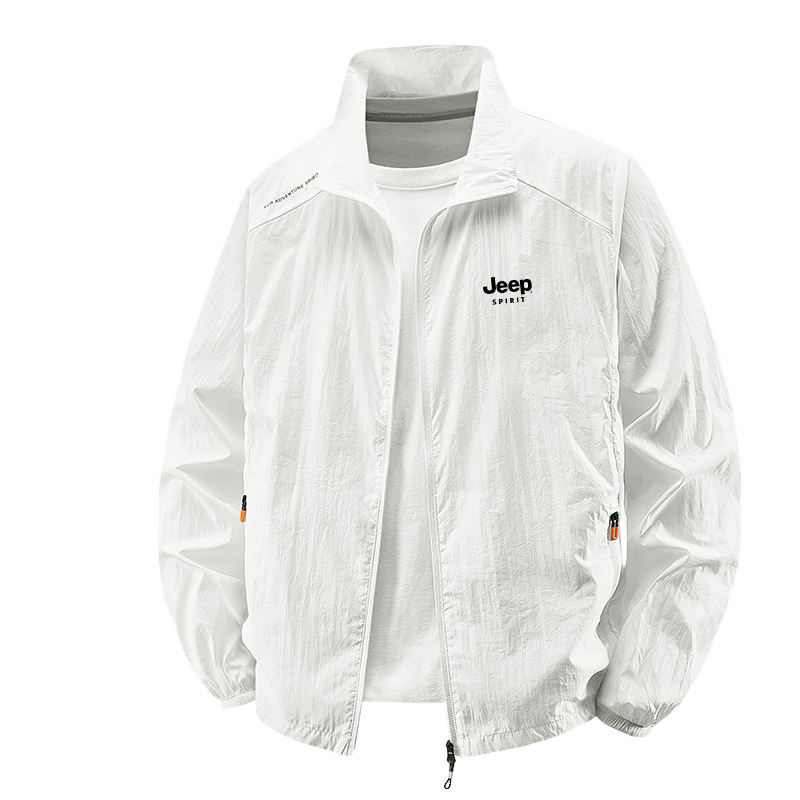 JEEP SPIRIT Men's Summer Lightweight Breathable Ice Silk Sunscreen Jacket UV Protection Skin Jacket White 2XL