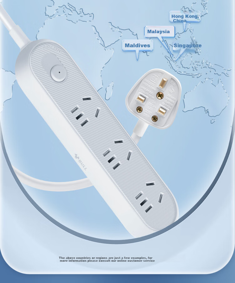 BULL 3-Outlet UK Standard Travel Power Strip with Master Switch for UK, Singapore, Maldives, Malaysia, Hong Kong, etc. 3
