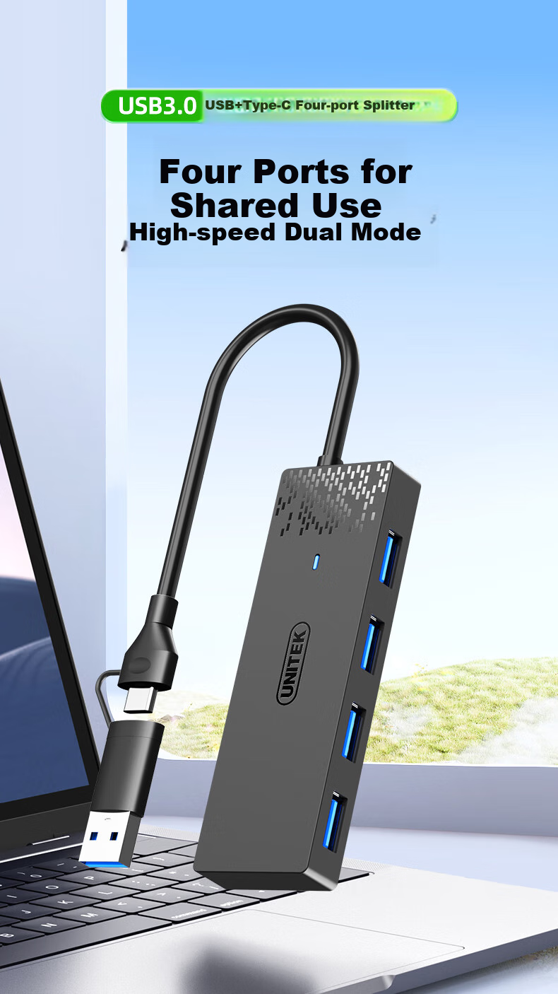 UNITEK USB 3.0 Hub Splitter with 4 Ports USB Expansion Adapter And Power Port USB/Type-C Dual-Port Connector Compatible with Laptops, Tablets And Smartphones Universal One-To Adapter 1