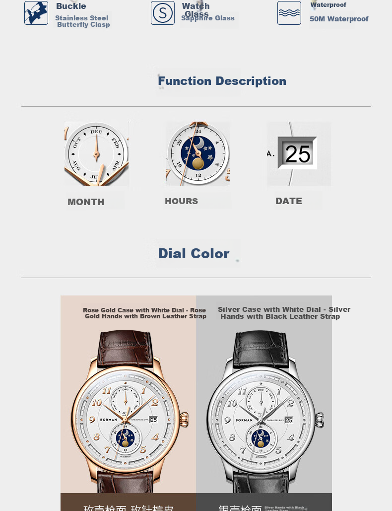 BORMAN BORMAN German Certified Men's Mechanical Watch, Fully Automatic Multifunctional Luxury Watch, Rose Gold Case with White Dial And Brown Leather Strap 3