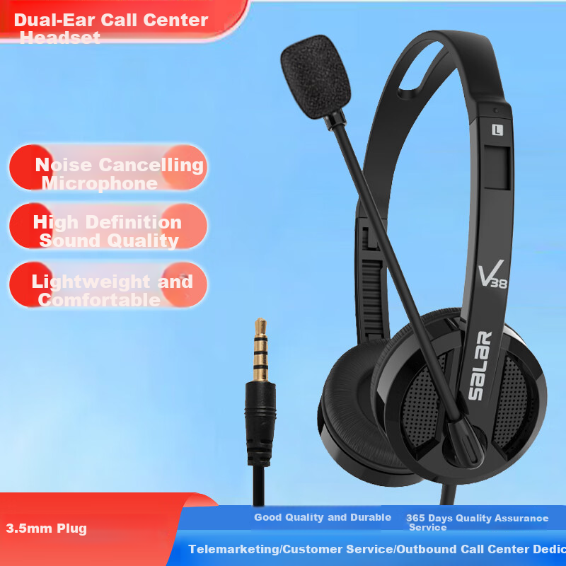 SaLaR V38V Call Center Headset with Microphone for Customer Service, Compatible with Mobile Phones And Computers, Round Hole Universal Over-Ear Noise-Cancelling Headphones for Telemarketing And Outbound Calls, Wired with Microphone, Black USB Interface 1
