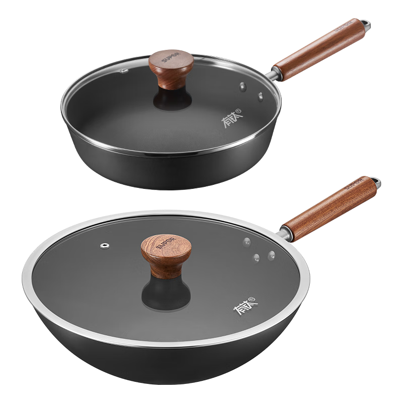 SUPOR SUPOR Wok And Frying Pan Set, Titanium Iron Non-Stick Cast Iron Skillet without Coating, Two-Piece Set Compatible with Open Flame And Induction Cooktop TP2508E