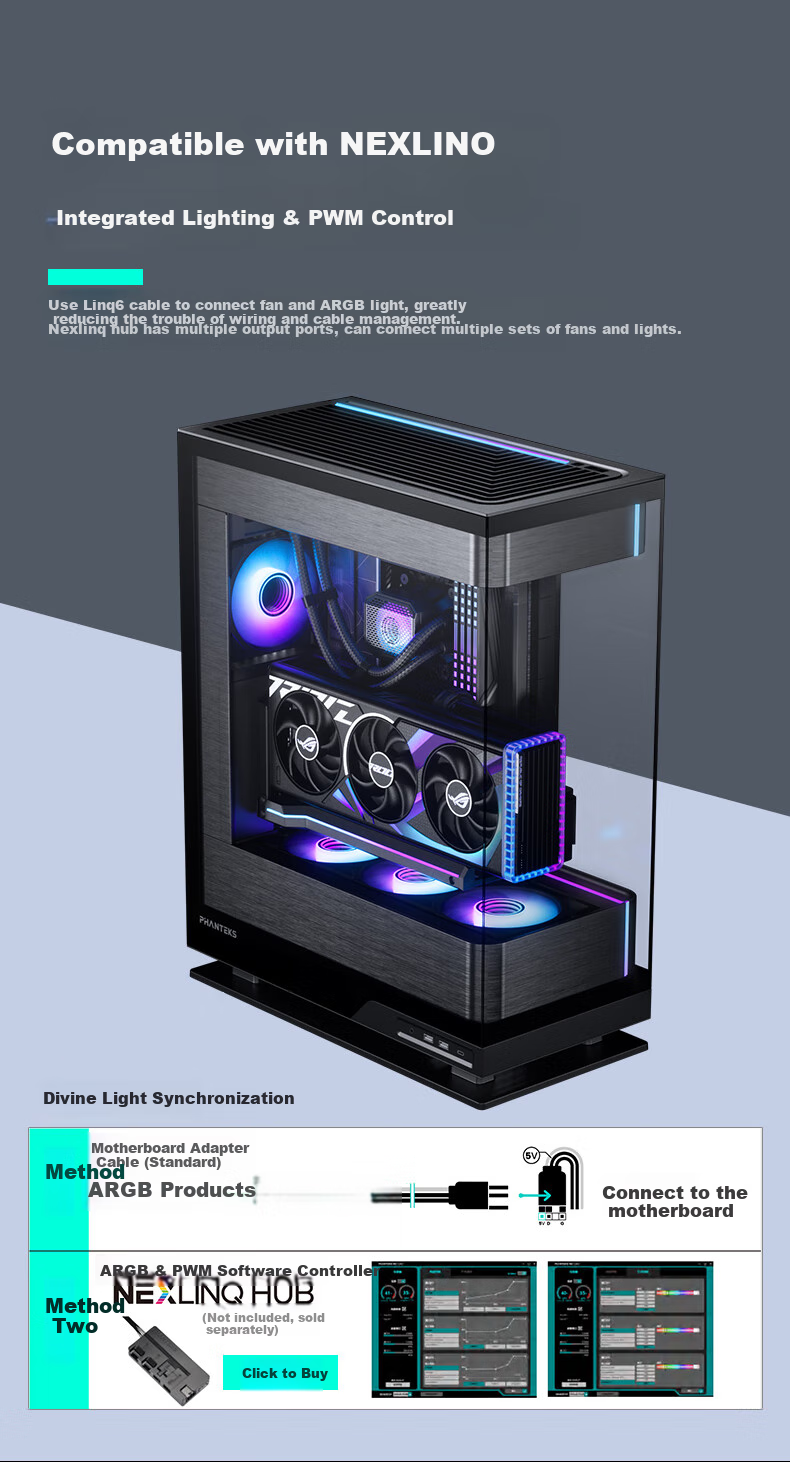 PHANTEKS EVOLV X2 Black Desktop Water-Cooled Computer Case with Panoramic View (20G Type-C, 360mm Radiator Support, Cable Management, Brushed Aluminum, 5090) 9
