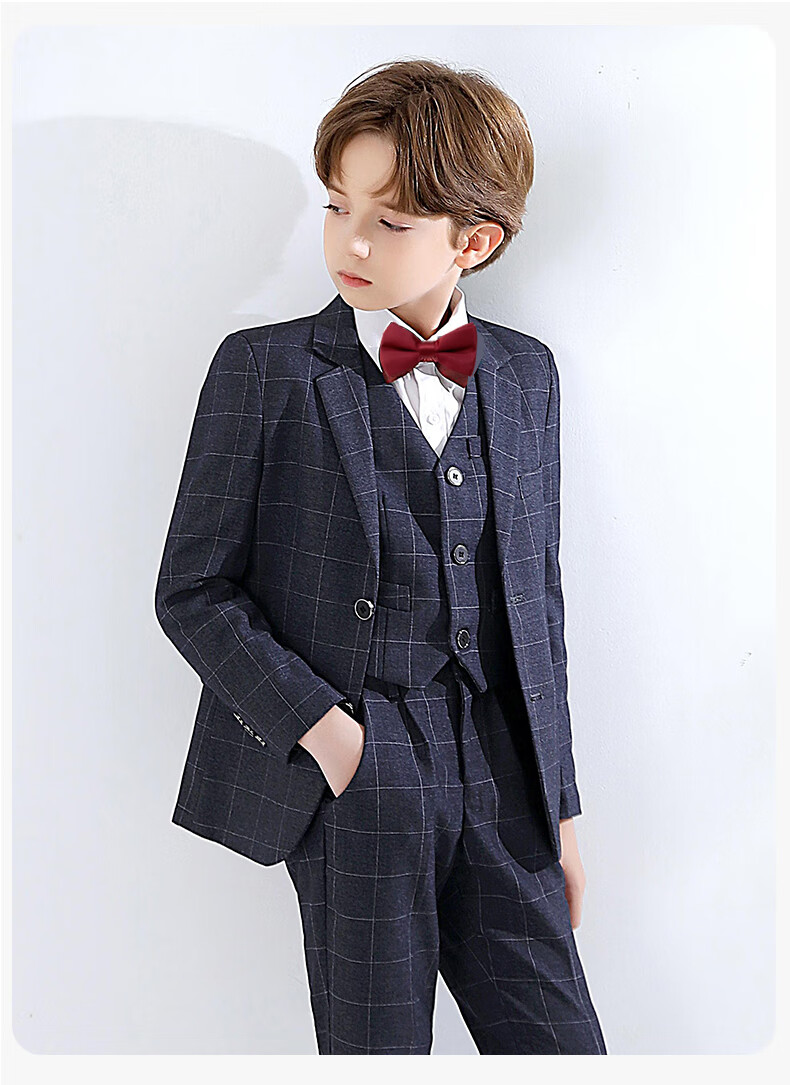 Yinuofang Children's Suit Set for Boys, Host Suit, Flower Boy Formal Wear, Performance Outfit, Plaid Set, Size 150 2