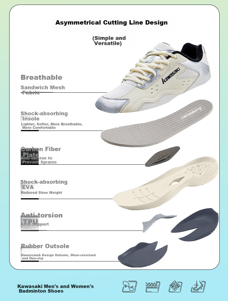 Kawasaki Badminton Shoes for Men And Women, Breathable Shock-Absorbing Anti-Twist Sports Shoes Fengxingzhe C32023 Beige Silver Gray Size 45 4