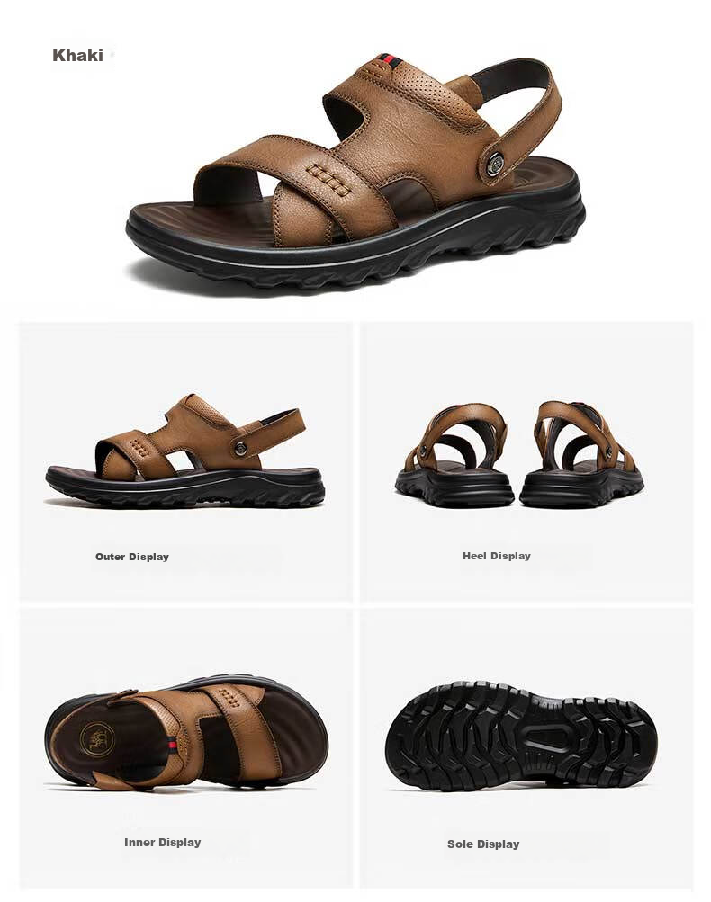 CAMEL Brand Men's Casual Slippers, Genuine Leather Sandals, Cowhide Breathable Wear-Resistant Beach Shoes, W822287612, Brown, Size 41 18