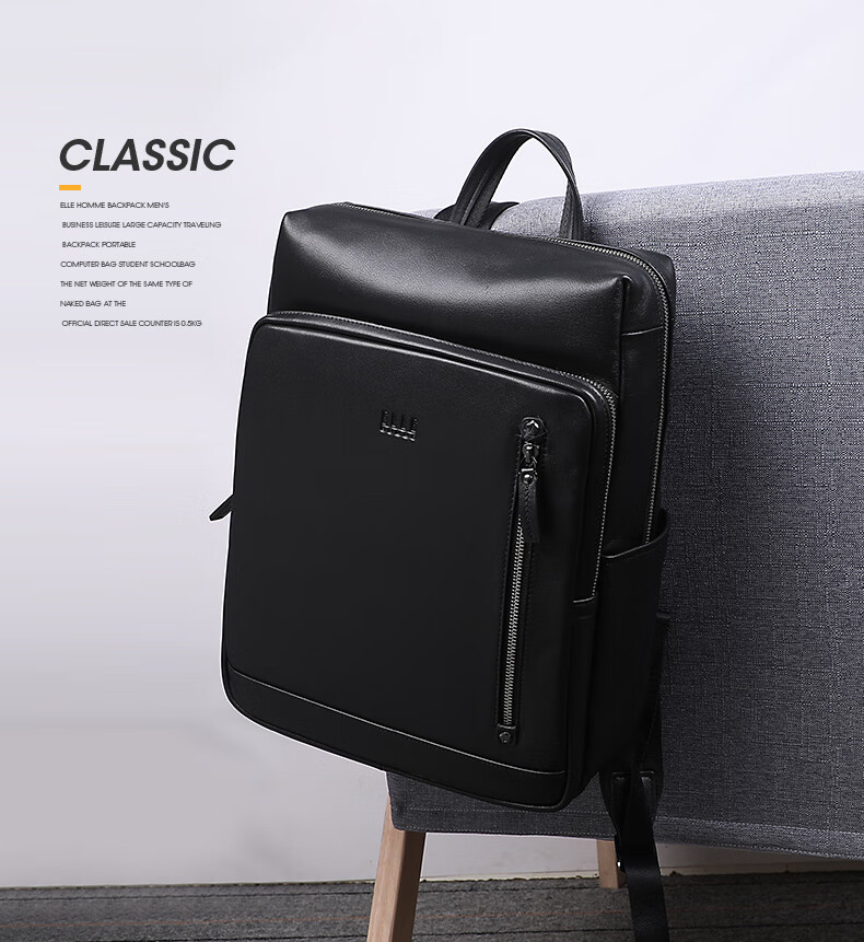 ELLE HOMME Men's Backpack, Trendy Fashion Top-Grain Leather Backpack, Casual Outdoor School Bag, 06661 Black, Gift for May 20th 2