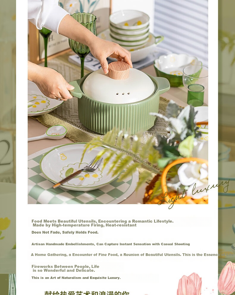 KANGMO Tableware Set, New Home-Use High-Temperature Underglaze Color Fresh Ceramic Bowls And Plates, Complete Dinnerware Set, Lily of The Valley Rabbit Design, 18 Pieces 3