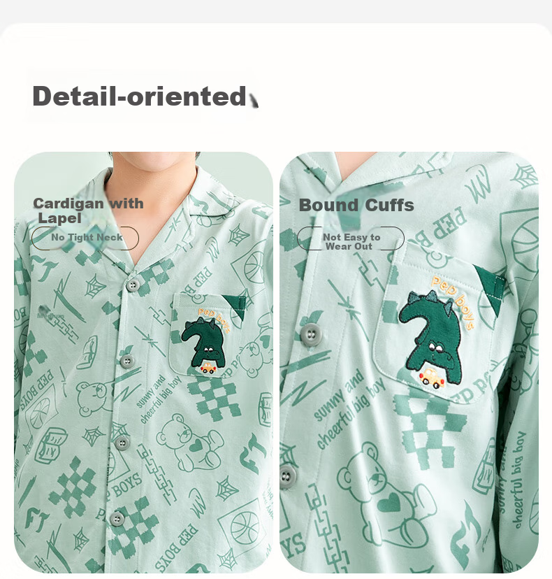 Fenteng Children's Pajamas for Boys, 100% Cotton Spring New Cartoon Sleepwear Set for Older Kids 10