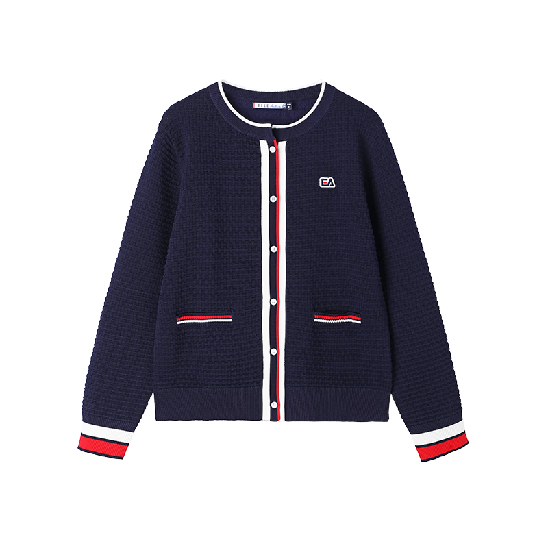 ELLE ACTIVE French Elegant Waffle Cardigan for Women, Casual Commute Contrasting Color Soft Spring And Summer Sweater Jacket, Navy Blue, Size M