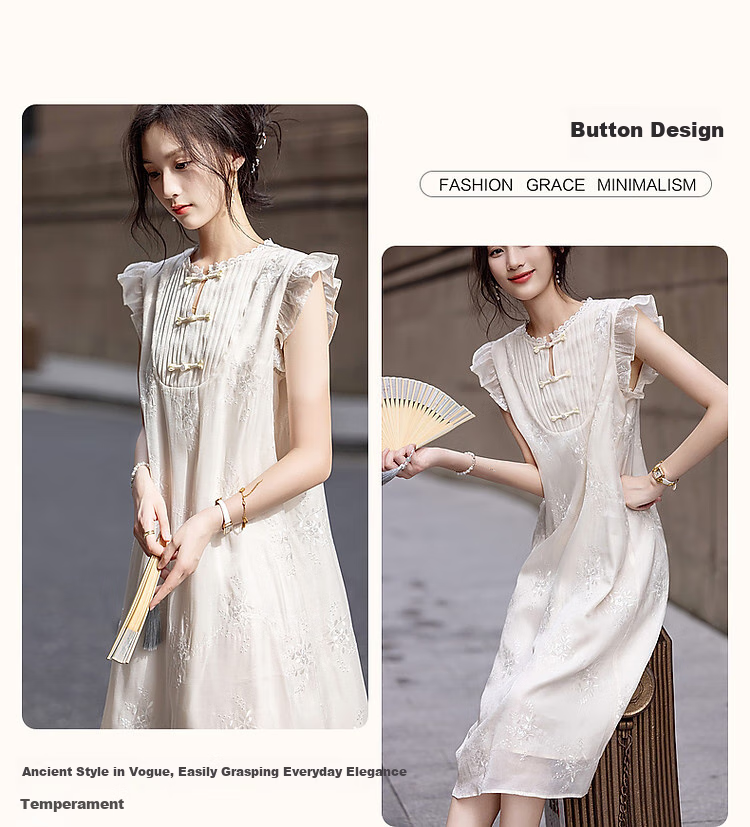 Dme [Yuhu Bingxin] Spring And Autumn Style New Chinese Embroidered Button Closure Water-Soluble Lace Trim Short Flutter Sleeves Dress for Wome 5