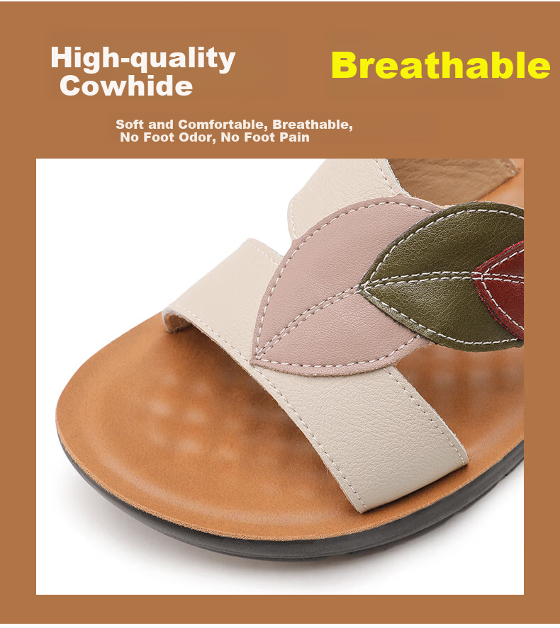 Huili Mom's Sandals for Middle-Aged And Elderly Women, 2026 New Summer Style, Soft-Soled Genuine Leather Slippers for Seniors, 0680 Beige, Size 35 6