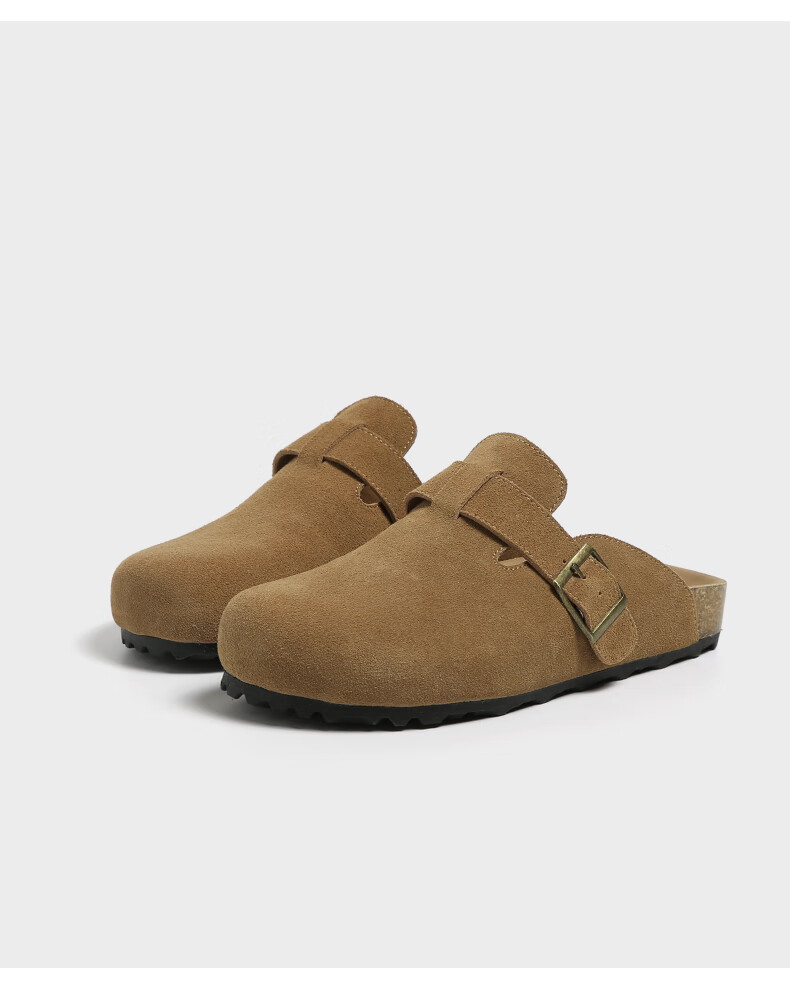 FOREVER21 Women's Leather Slippers Spring Autumn Birkenstock Style Thick Sole Slip-On Half Slippers Khaki Size 36 3