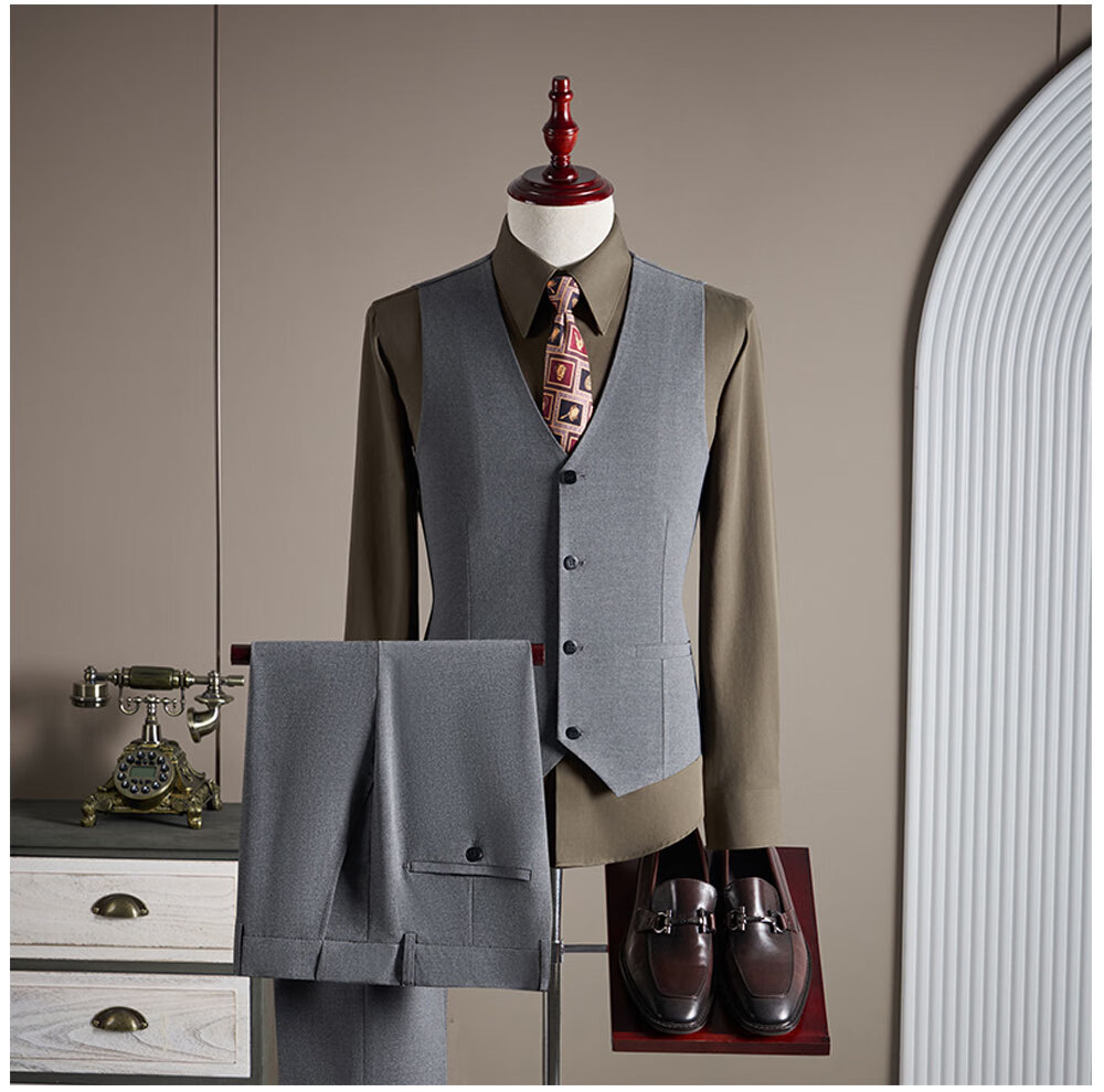 ROMON Men's Business Suit Set Blazer + Vest + Trousers Light Gray XL 28