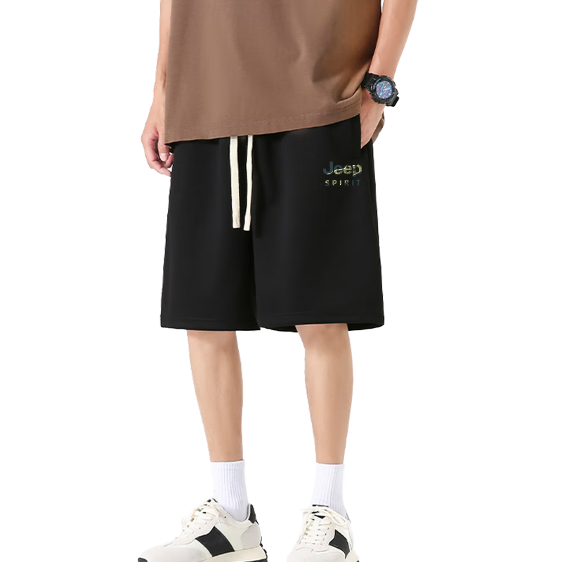 JEEP SPIRIT Men's Shorts, Summer 300G Heavyweight, Loose Casual Draping Straight-Leg Versatile Five-Point Shorts, Black, L