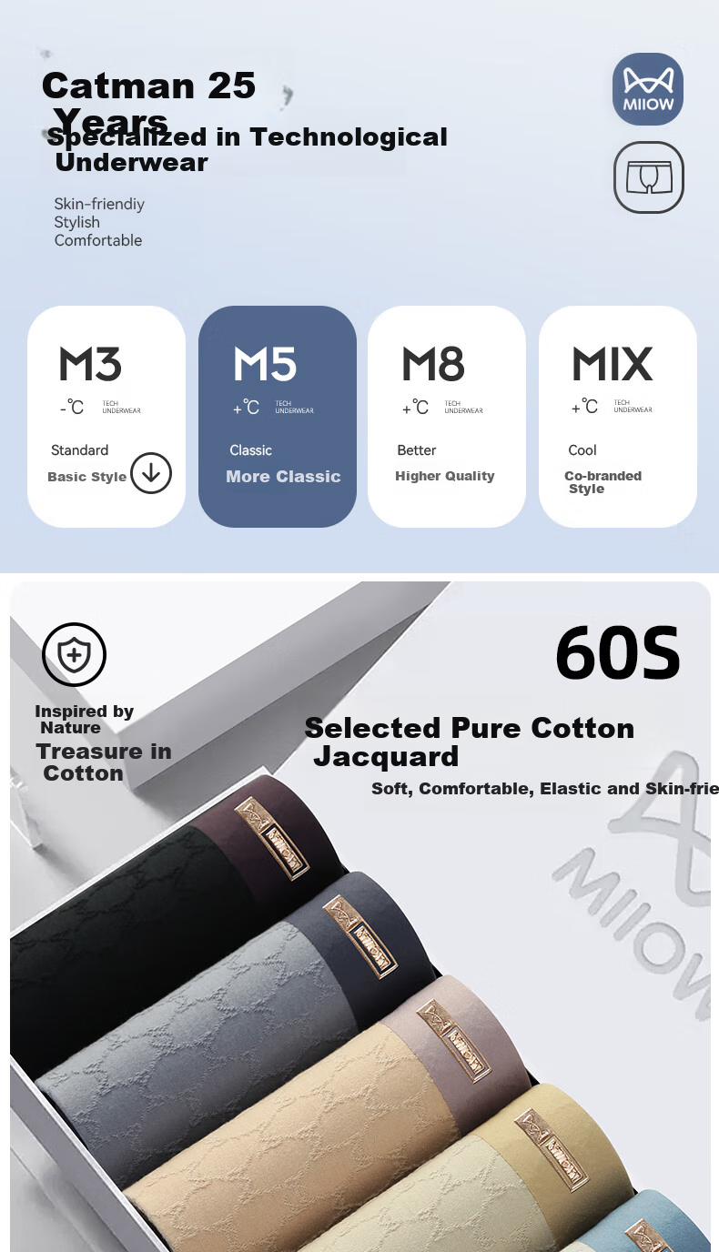 MiiOW Men's Underwear [2025 New Style], 7A Antibacterial Pure Cotton Seamless Breathable Youth Large Size Boxer Briefs 1
