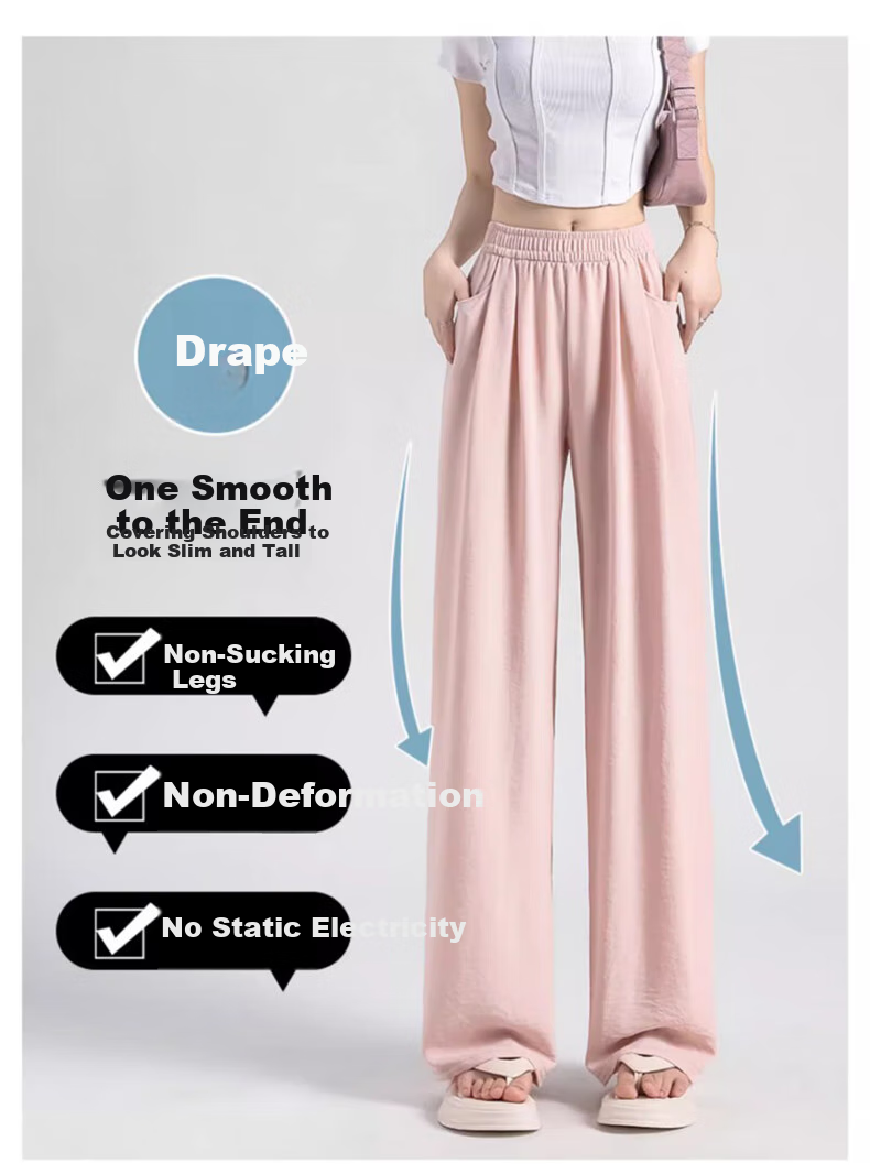 LangSha Ice Silk Wide-Leg Pants for Women, Summer Lightweight Sun Protection High-Waist Draping Lazy Style Yamamoto Pants Straight Casual Women's Trousers 14