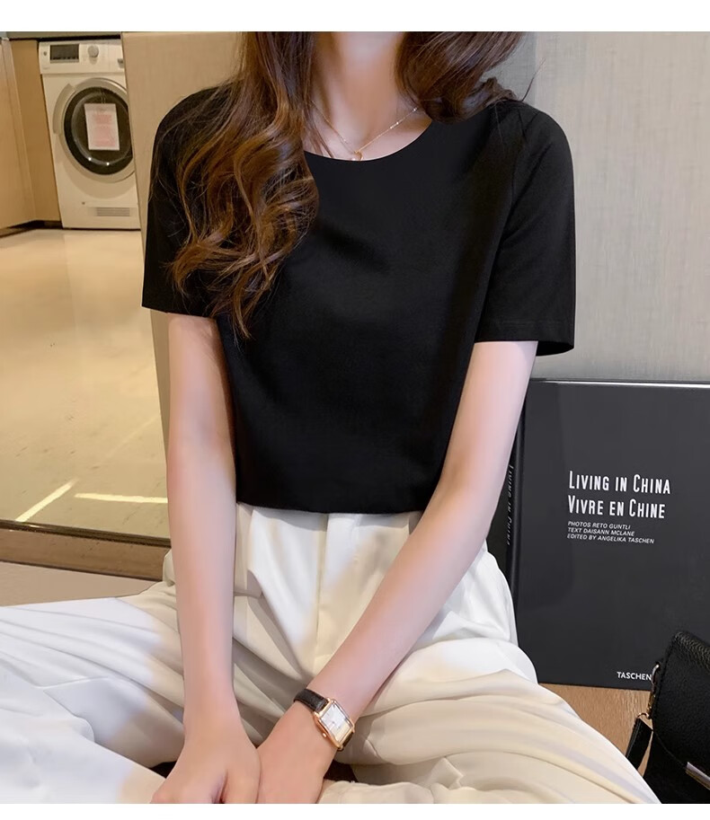 Woodpecker Women's Regular Shoulder Short Sleeve T-Shirt Summer 2025 New Loose Thin Solid Cotton Slim Fit Top White 4XL 10