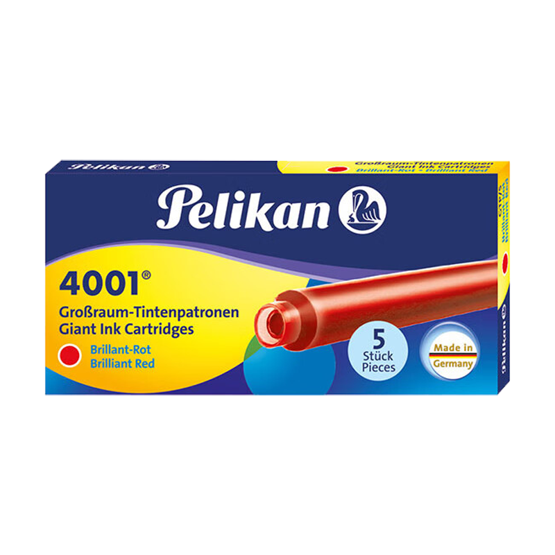 Pelikan 4001 Long Ink Cartridges Non-Carbon Ink Refill 5-Pack Student Pen Bright Red
