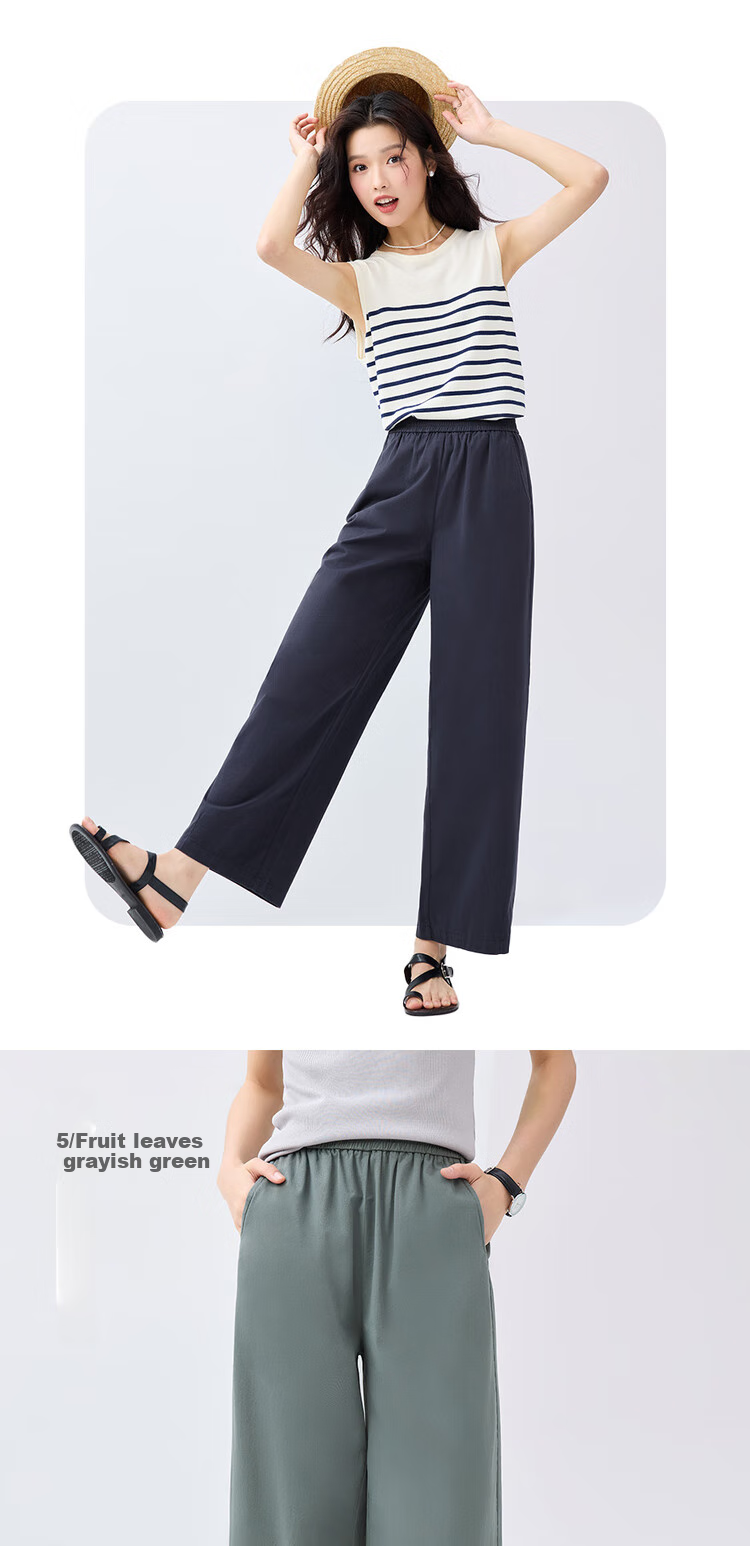 Giordano Women's Pants, Pure Cotton Lightweight Pleated Straight-Leg Trousers, Elastic Waist Casual Capri Pants, Women's 05425065 13