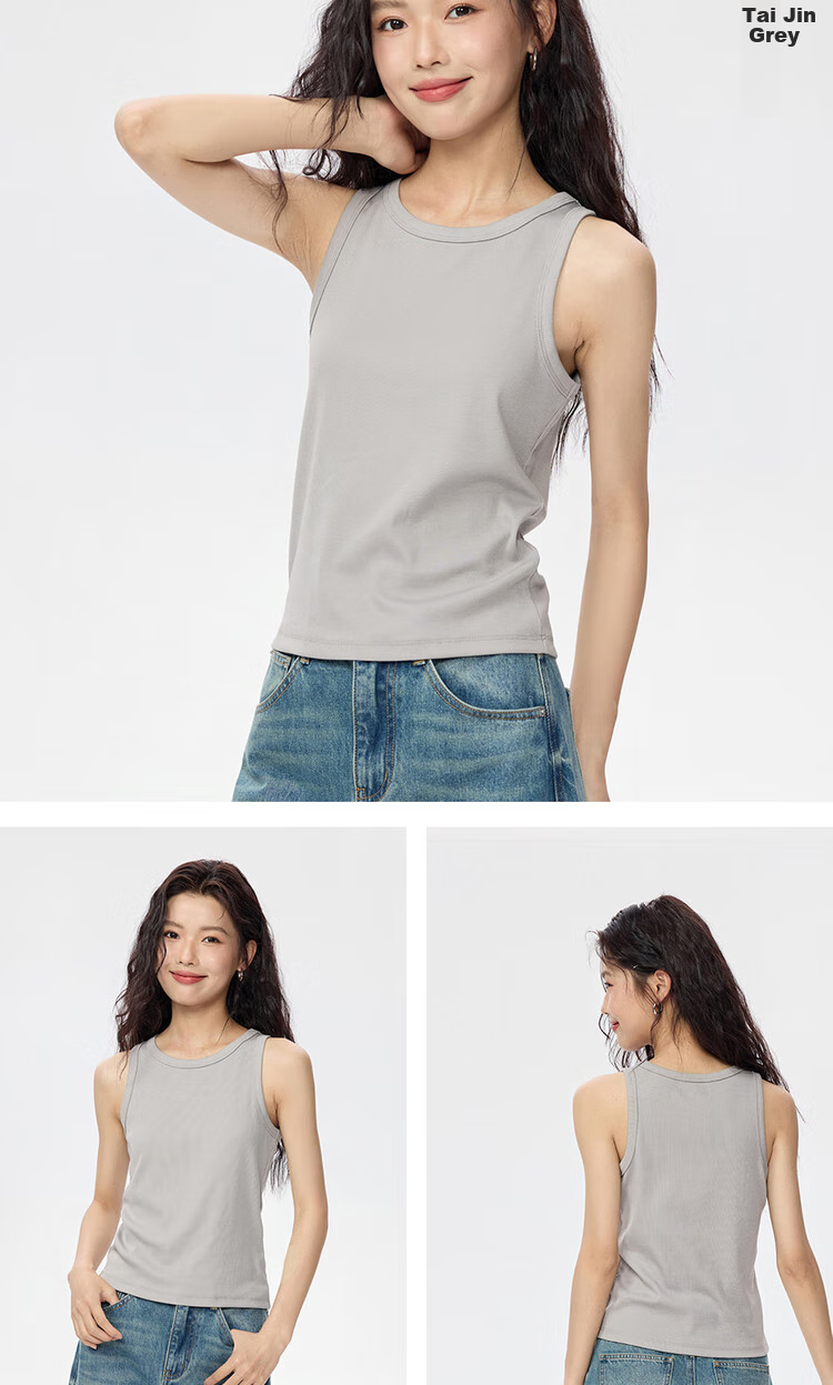 Giordano Women's New Solid Color Simple Style Ribbed Knit Slim-Fit Round Neck Sleeveless T-Shirt 13324209 14