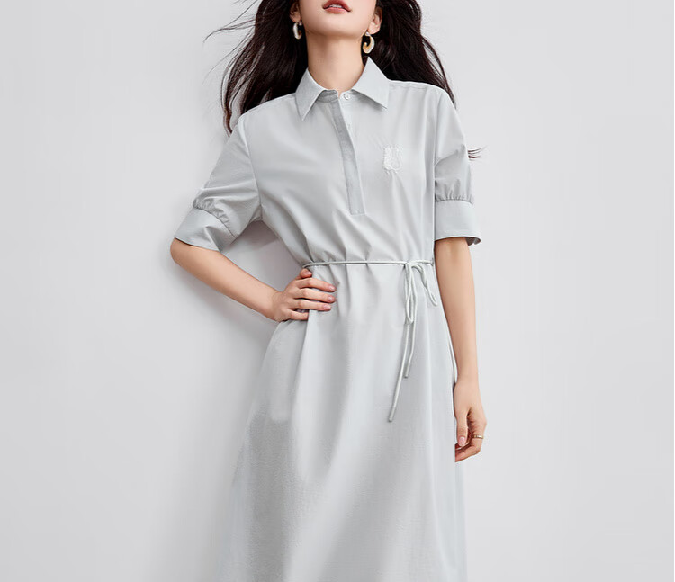 Sentubila Commuter Style Five-Sleeve Summer Slim Waist Embroidered Shirt Dress for Women Mid-Length 22