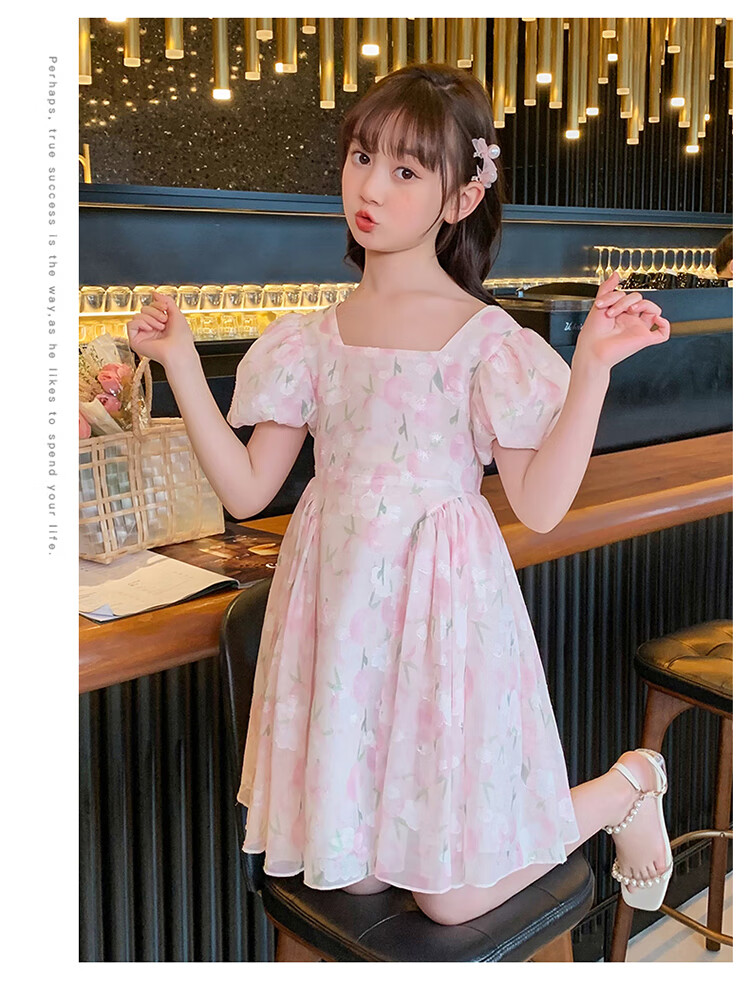 Baminuo Girls' Summer Dress, New Korean Style Children's Fashionable Thin Princess Dress for Older Kids, Pink, Size 120 6