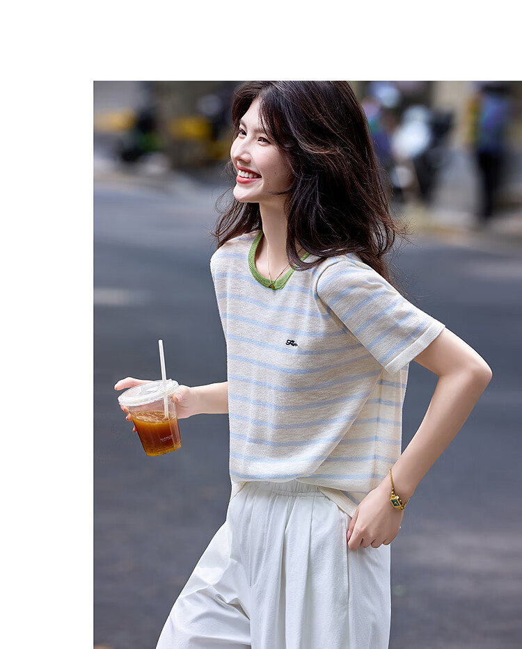 Awakening Paradise 26 Summer Korean Slim Fit Slimming Round Neck T-Shirt Top Short Sleeve Knitwear Blue Striped One Size 13