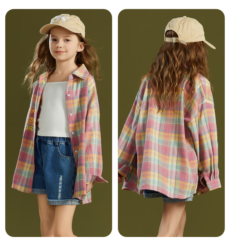 Fulomi Girls' Plaid Long Sleeve Shirt Spring Autumn Korean Style Pink Checkered Jacket Top 110 4