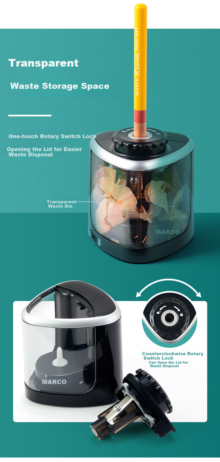 MARCO Electric Pencil Sharpener Accessory Series, Single-Hole Pencil Sharpener, Portable Safe Electric Pencil Sharpener for Children And Elementary School Students, OP400203E for Sketching And Drawing 3