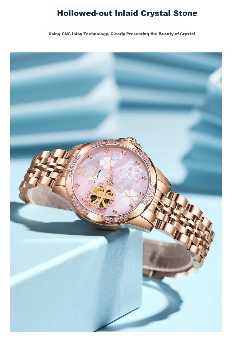 Bestdon Women's Mechanical Watch, Skeleton Four-Leaf Clover with Diamond Inlay Wristwatch Gift Box for Women, Present for Goddess 5