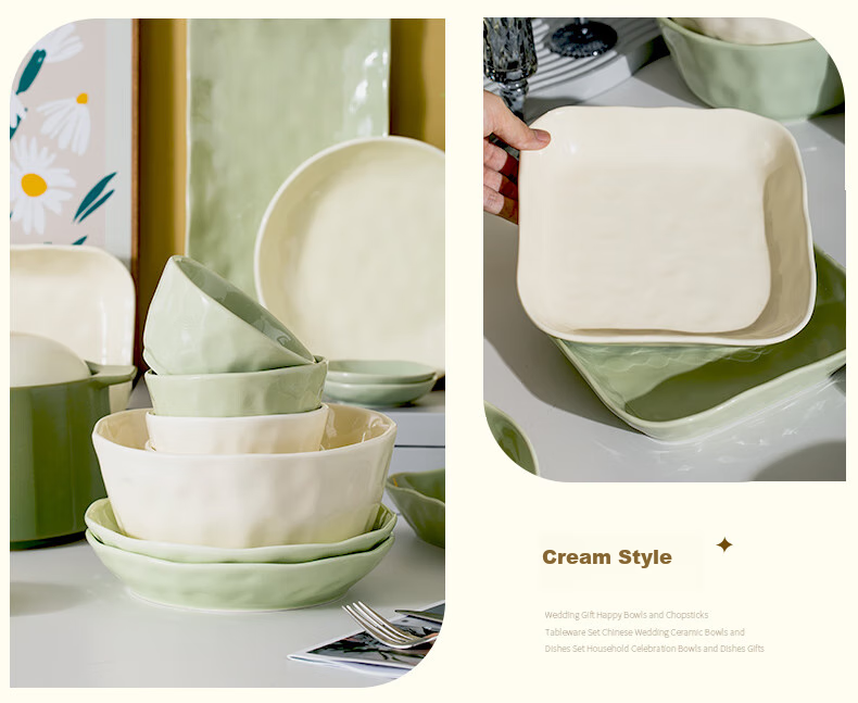 Mingyi Dinnerware Set, High-Temperature Underglaze Ceramic Bowls And Plates, Complete Set of Milk Yellow And Green, 18 Pieces for 4 People, Gift-Giving Set 12