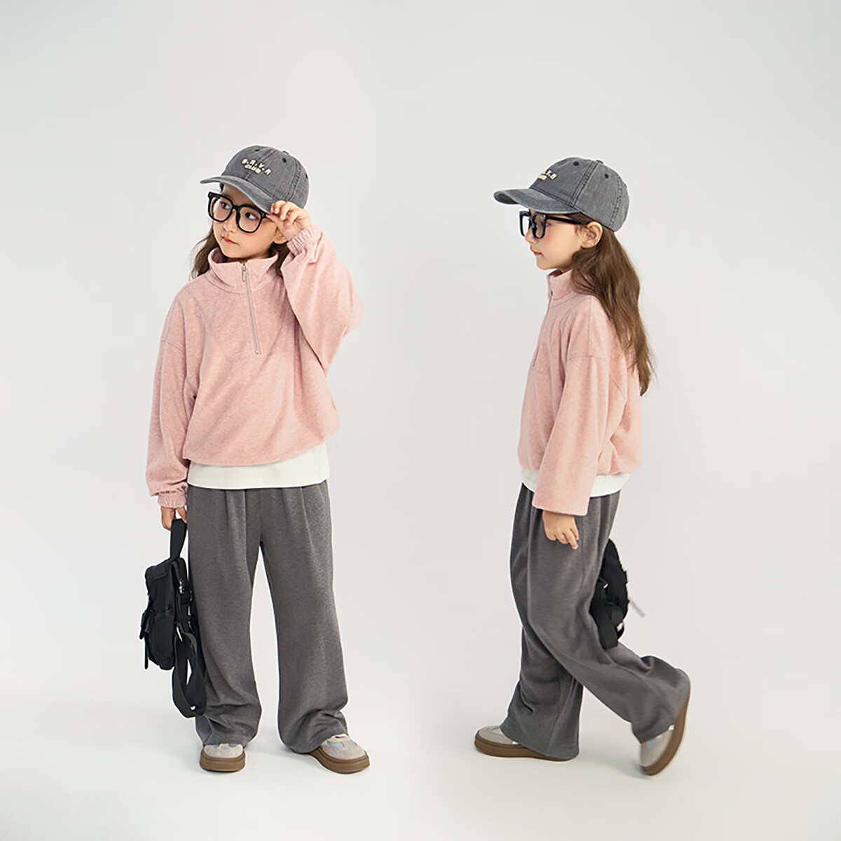 Chenchenma Girls' Semi-Turtleneck Zip-Up Sweatshirt, 2026 Autumn New Style, Loose-Fitting Hem with Drawstring, Trendy Parent-Child Top