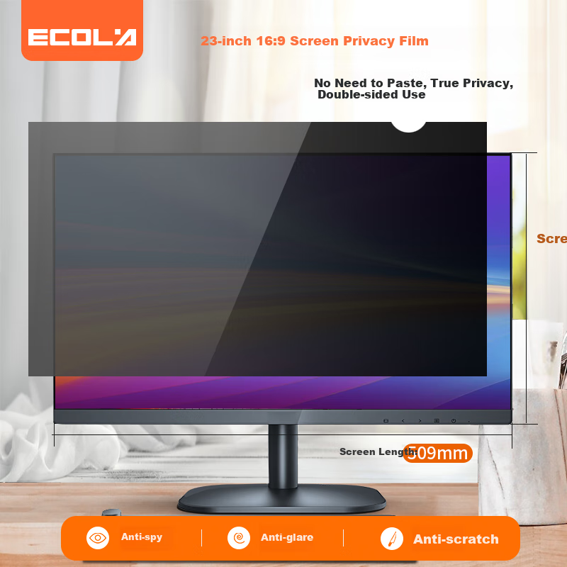 ECOLA Computer Privacy Screen Protector, 360-Degree Anti-Peeping, for Desktop Monitor, Privacy Protection Film, Black, 23 Inches, 16:9 (509mm*286mm), FK22