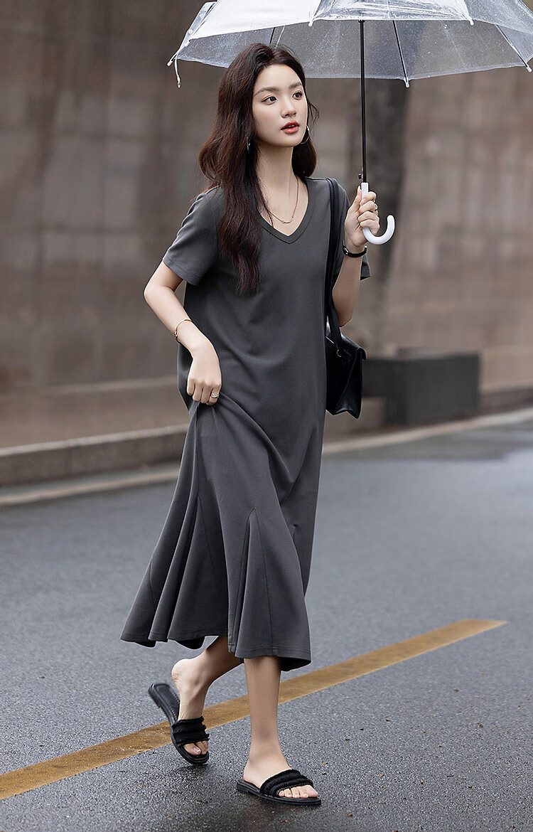 Demana Gentle Cloud Cotton Summer Relaxed V-Neck Loose Patchwork Hem Knitted Mid-Length Straight Women's Dress 13