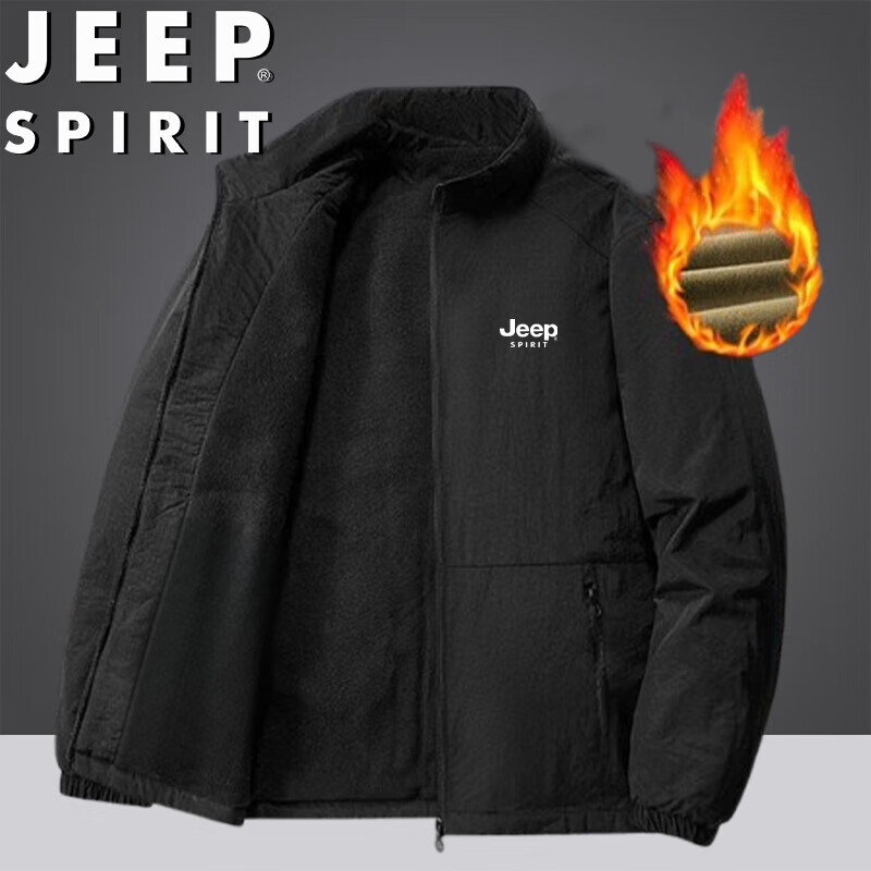 JEEP SPIRIT Men's Outdoor Loose Casual Stand Collar Warm Jacket Autumn Winter Black Fleece L