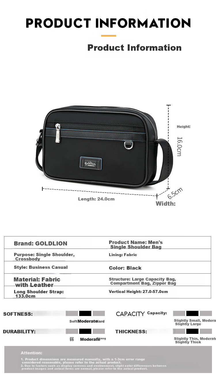 Goldlion Crossbody Bag, Men's Fashionable Casual Small Bag with Large Capacity, Shoulder Bag, Birthday Gift 5