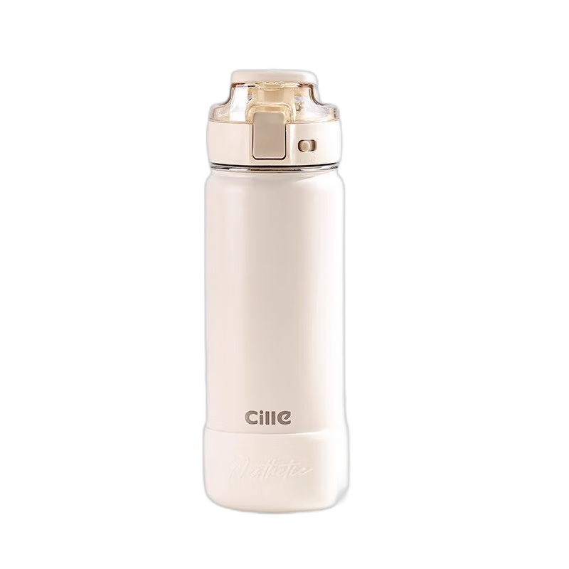 Cille 316 Stainless Steel Insulated Large Capacity Men's Straw Cup Portable Sports Water Bottle Milk Coffee White 600ml