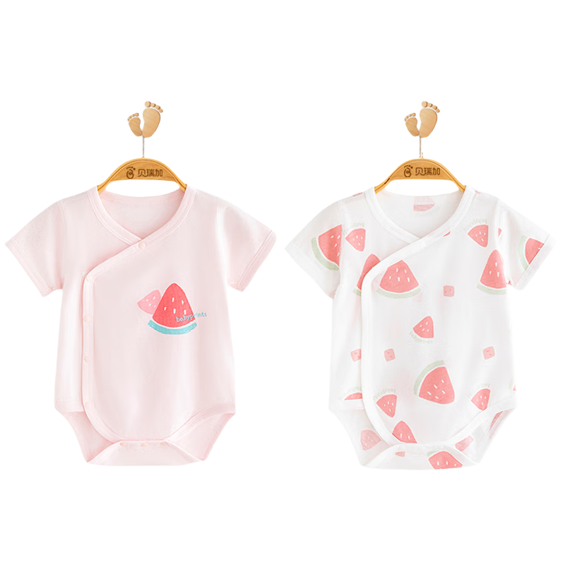 Babyprints Baby Romper, 2-Piece Set, Pure Cotton Onesie, Short-Sleeve Triangle Bodysuit, Thin Underwear, Belly Protection, Pink, Size 73