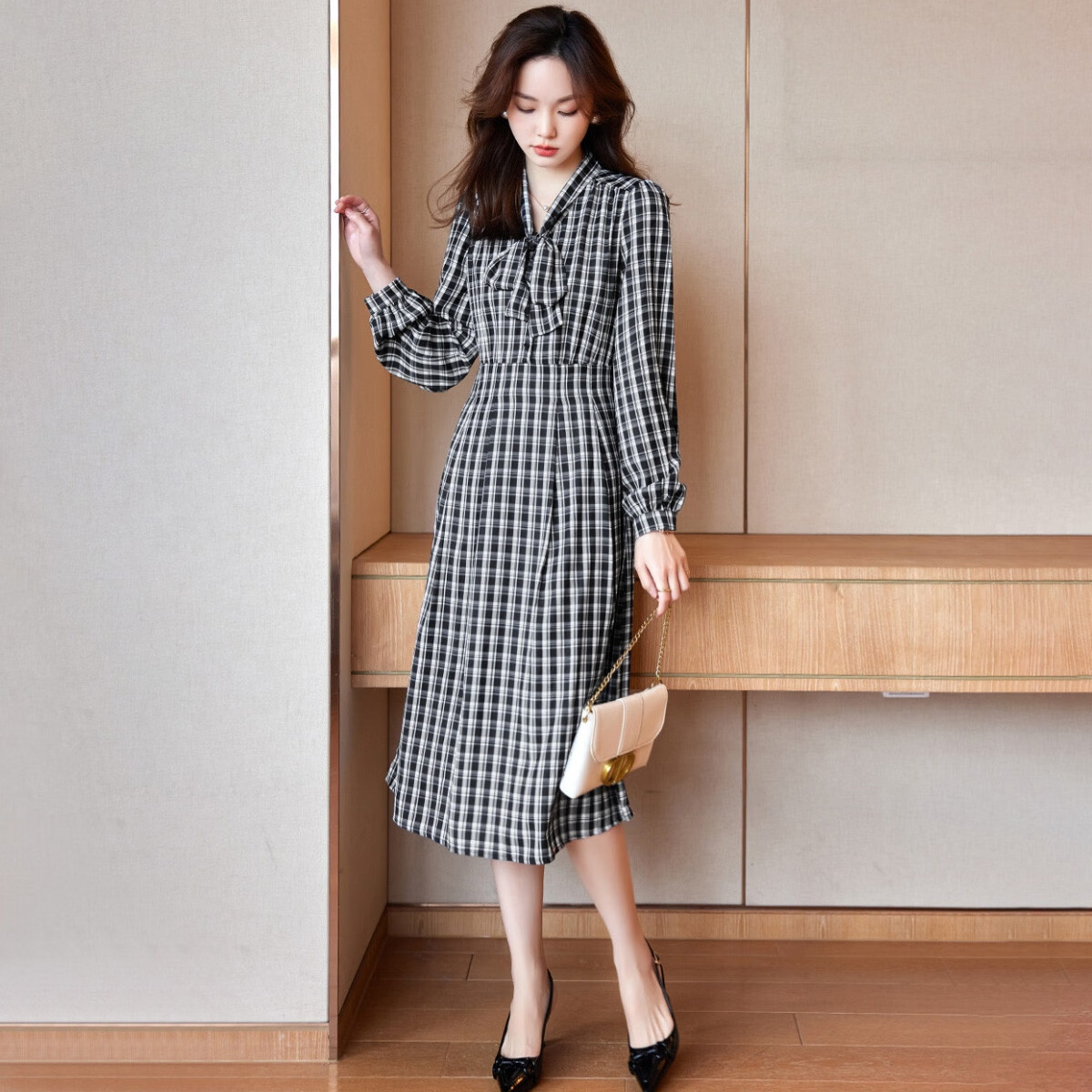 MT Black and White Checkered Bow Autumn Slim Fit Non-Stretch A-Line Long Sleeve Plaid Dress for Women