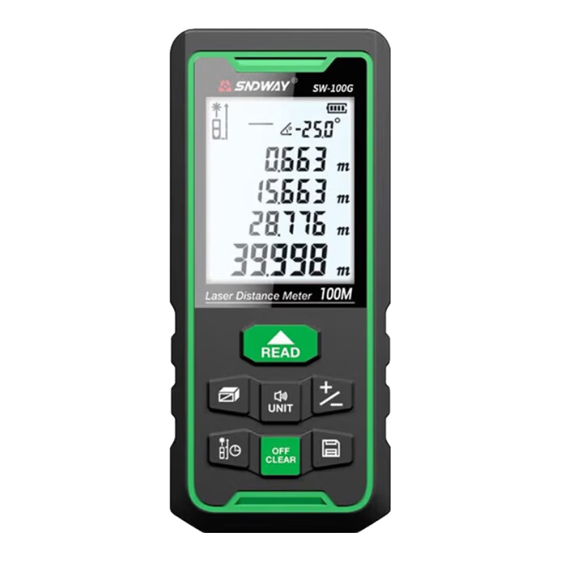 SNDWAY Laser Rangefinder, Infrared High-Precision Electronic Laser Ruler, Outdoor Measuring Device for Houses, Dual Electric Green Light SW100G