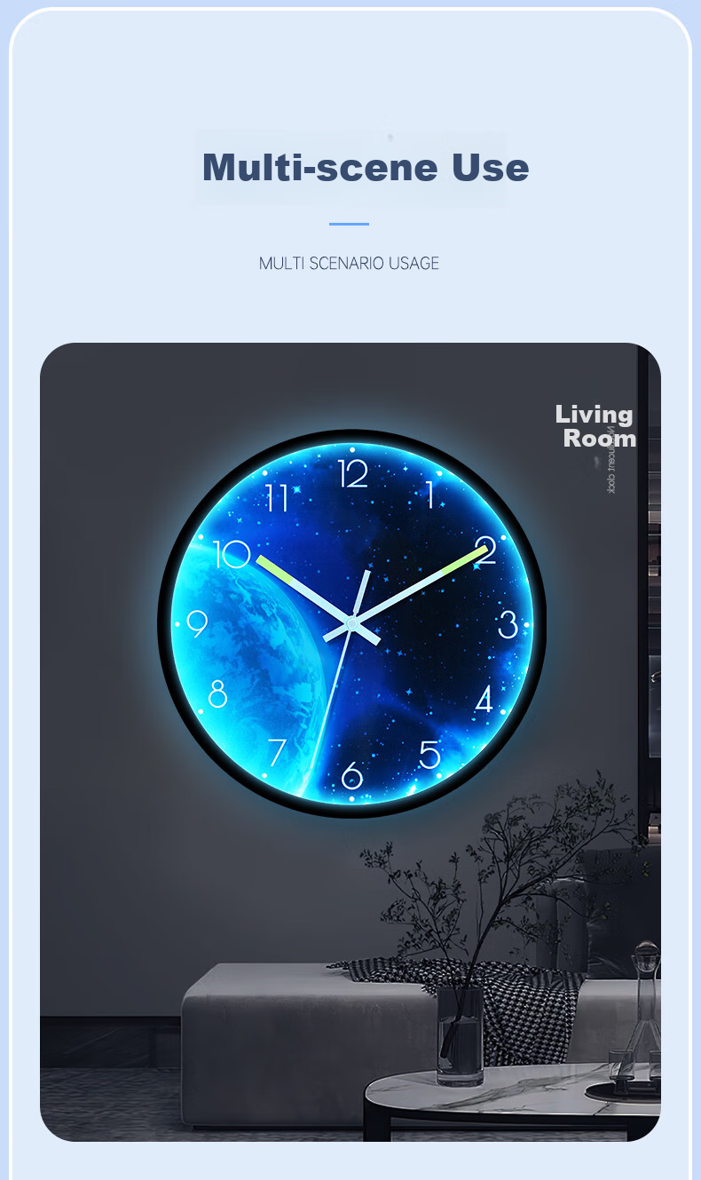 BBA Wall Clock, Creative Night Light, Living Room Wall-Mounted, Home Use Luminous Wall Clock, Bedroom Timepiece, Moon - Ambient Light, 30cm 13