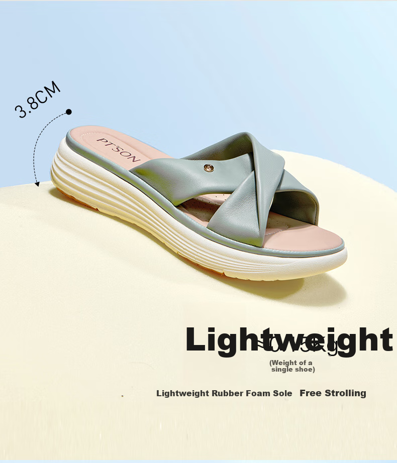 PT'SON Sheepskin Soft Sole Slippers for Women, Beach Sandals, Summer Thick-Soled Sandals, Versatile Outdoor Wear, Beige, Size 37 5