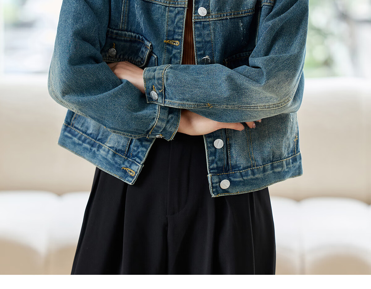 Pincai Women's Denim Jacket Trendy Retro Double Pocket Design Casual Versatile Top P53D006 34