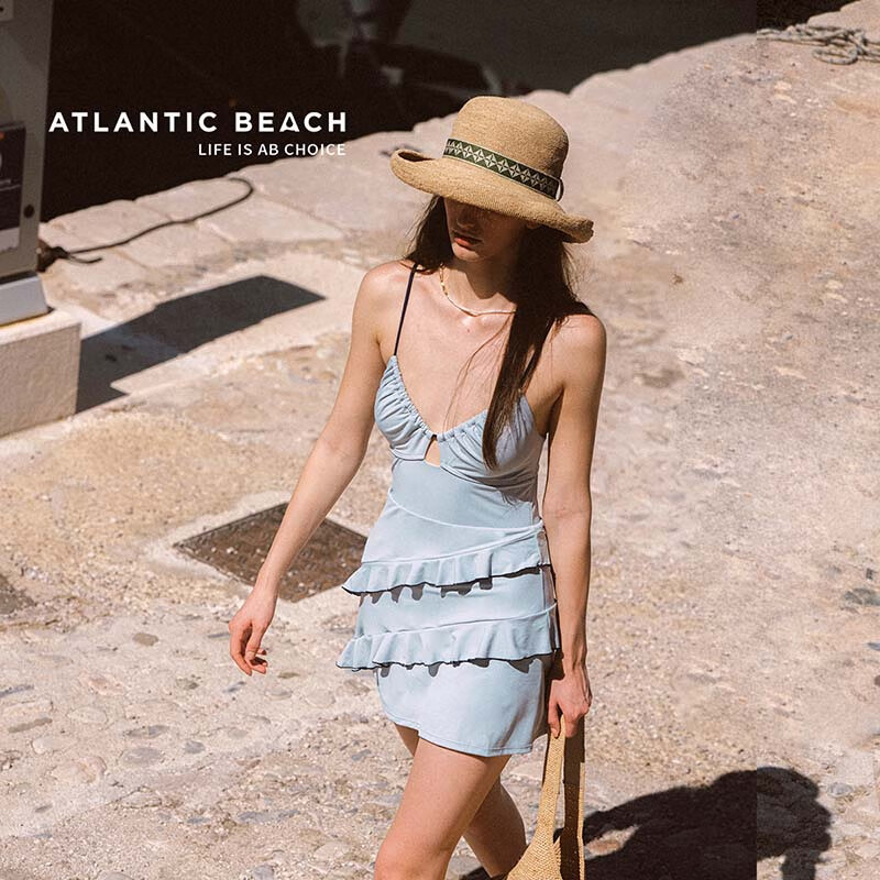Atlanticbeach 2025 New Popular One-Piece Swimsuit for Women, Beautiful Beach Vacation Spaghetti Strap Blue Cake Skirt-Style Hot Spring Swimwear