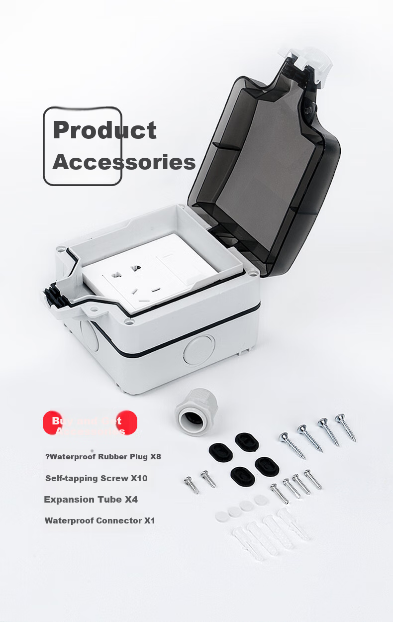 FDD Outdoor Waterproof Switch Socket, Bathroom Power Supply Waterproof Box, Surface And Recessed Installation, Outdoor Storm-Proof Splash-Proof Box, Single Switch Single Control Five-Hole 10A + Waterproof Box [Surface Mounted] 9
