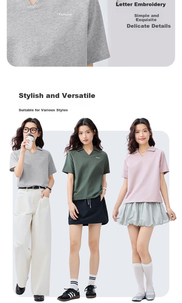 Giordano Women's Short-Sleeve Polo Shirt, Summer Pure Cotton, Letter Embroidery, V-Neck Drop Shoulder Collar Top, 13315205 7