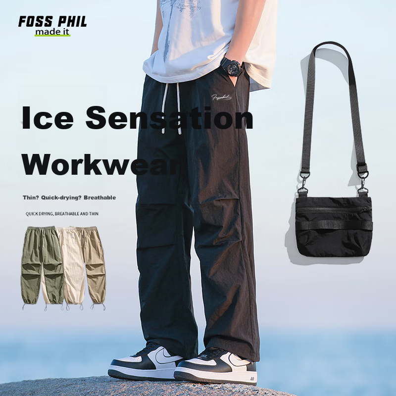 Foss Phil American-Style High Street Cargo Pants for Men, Spring And Autumn Ice-Cool Sports Straight-Leg Tapered Casual Pants, FPK57 Black M