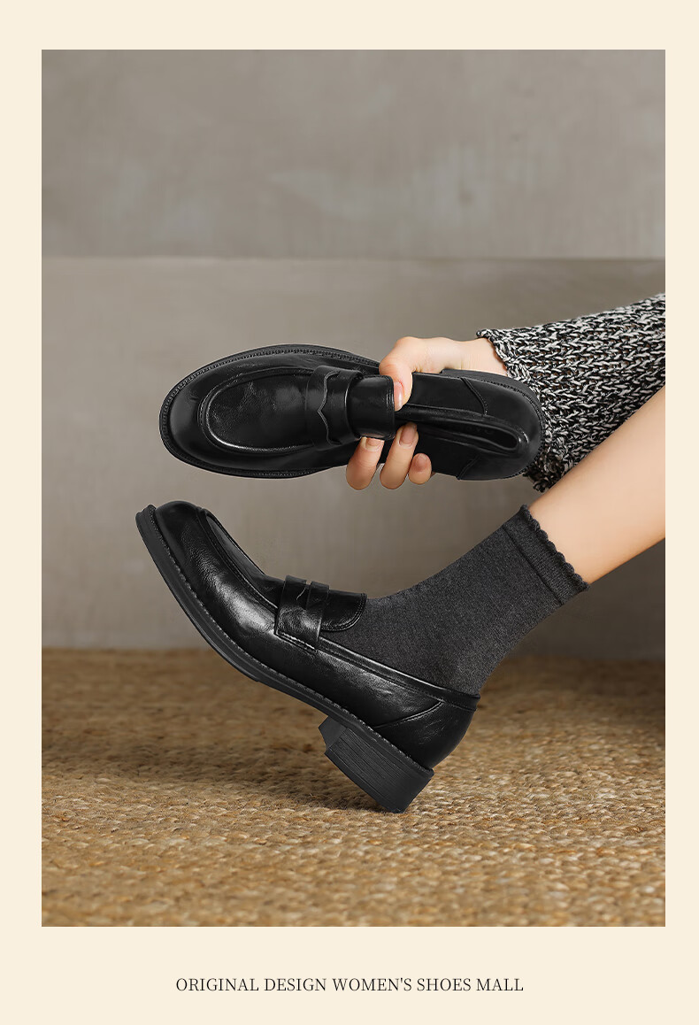 DAPHNE British Style Black Leather Shoes for Women, 2026 New Summer Thick Mid-Heel Loafers, Commuter Work Slip-On Flats 10